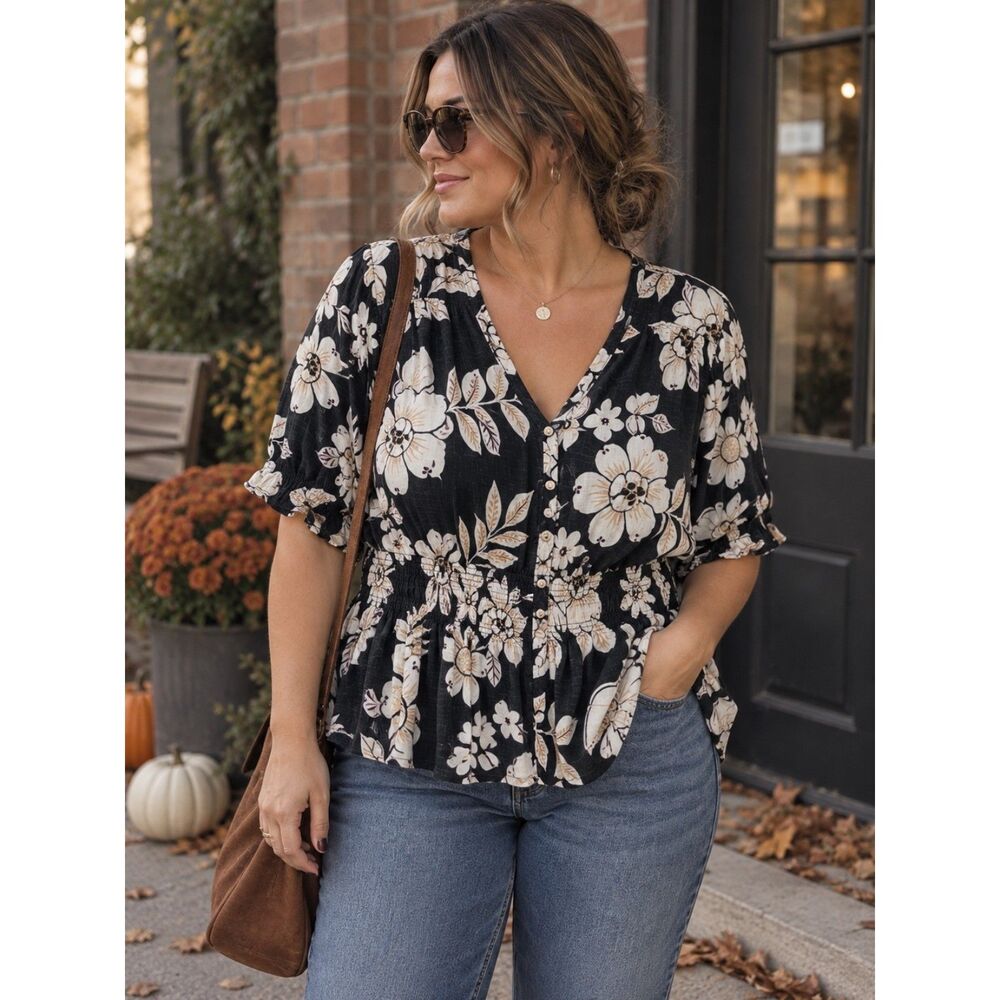 Torrid Floral Smocked Peplum Blouse Black Ivory 2X Size 2
